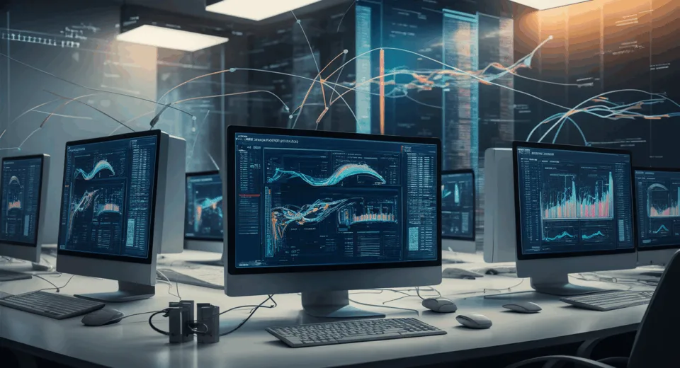 Realistic workspace showing multiple monitors with data visualization and network connections symbolizing web scraping and proxy solutions in a modern tech environment.