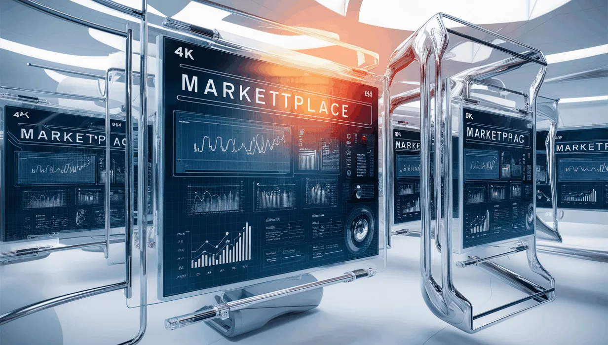 Realistic 4K image of a futuristic digital marketplace showcasing professional presentation templates on transparent screens in a bright, high-tech office setting.