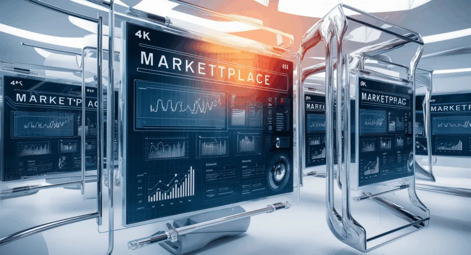 Realistic 4K image of a futuristic digital marketplace showcasing professional presentation templates on transparent screens in a bright, high-tech office setting.