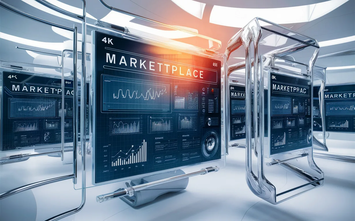 Realistic 4K image of a futuristic digital marketplace showcasing professional presentation templates on transparent screens in a bright, high-tech office setting.