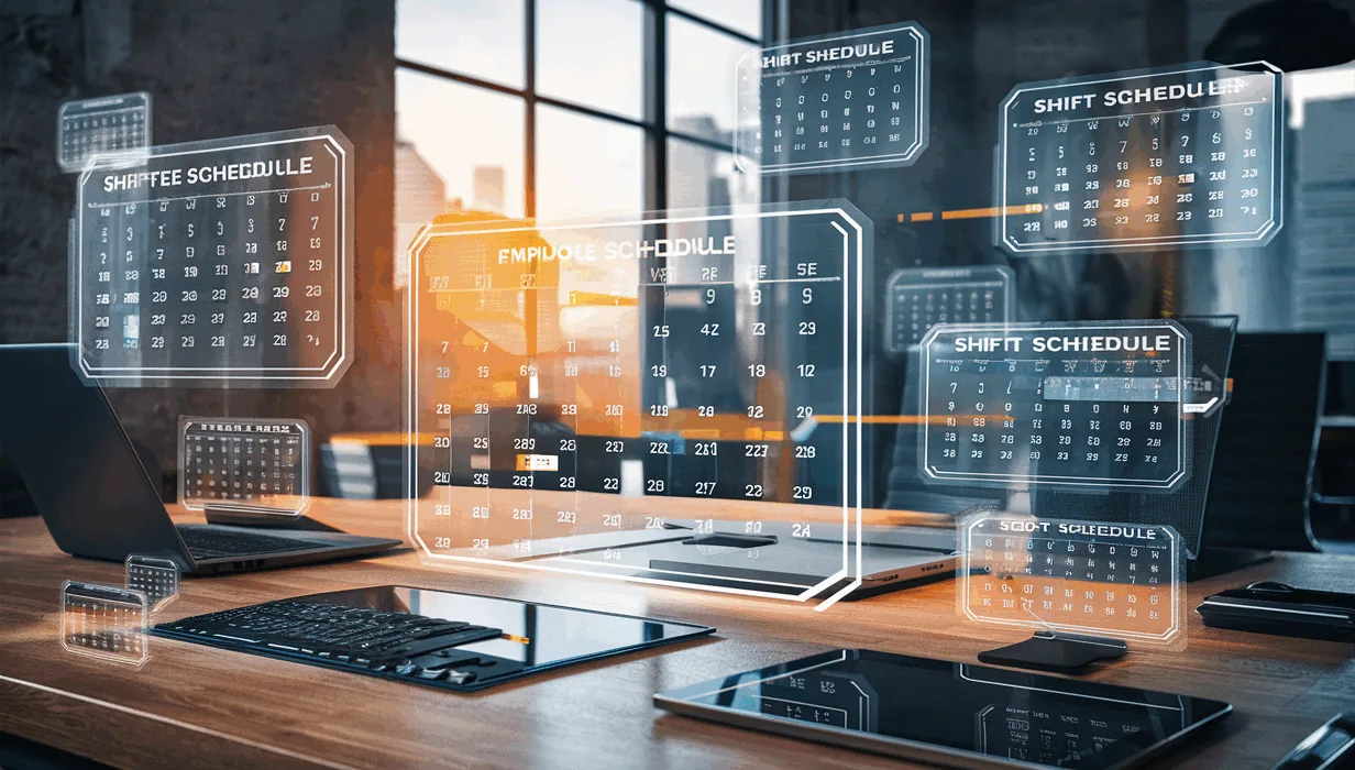 Realistic 4K image of a modern workspace with holographic employee scheduling interfaces and cloud-based automation tools.