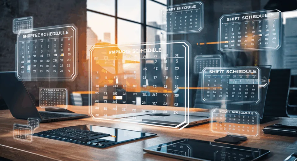 Realistic 4K image of a modern workspace with holographic employee scheduling interfaces and cloud-based automation tools.