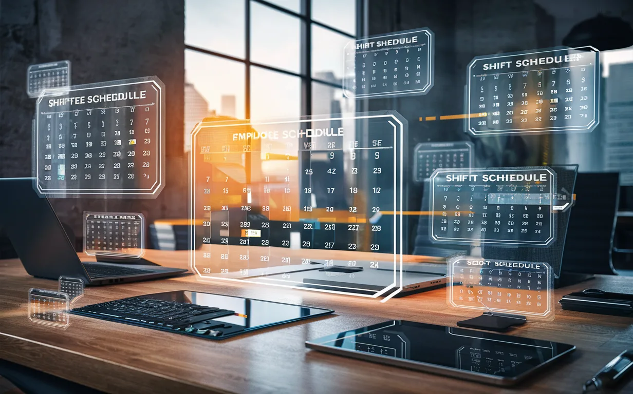 Realistic 4K image of a modern workspace with holographic employee scheduling interfaces and cloud-based automation tools.