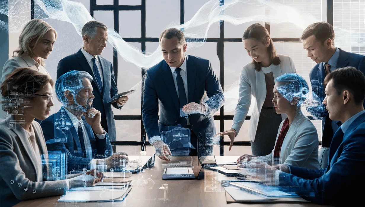 A realistic scene of a modern business meeting with AI technology transcribing and summarizing notes in real-time, highlighting productivity and efficiency.