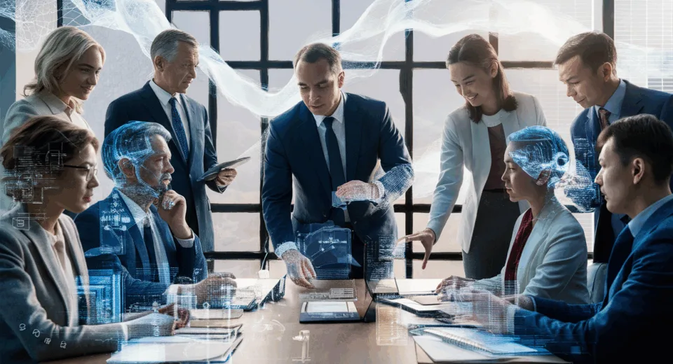 A realistic scene of a modern business meeting with AI technology transcribing and summarizing notes in real-time, highlighting productivity and efficiency.