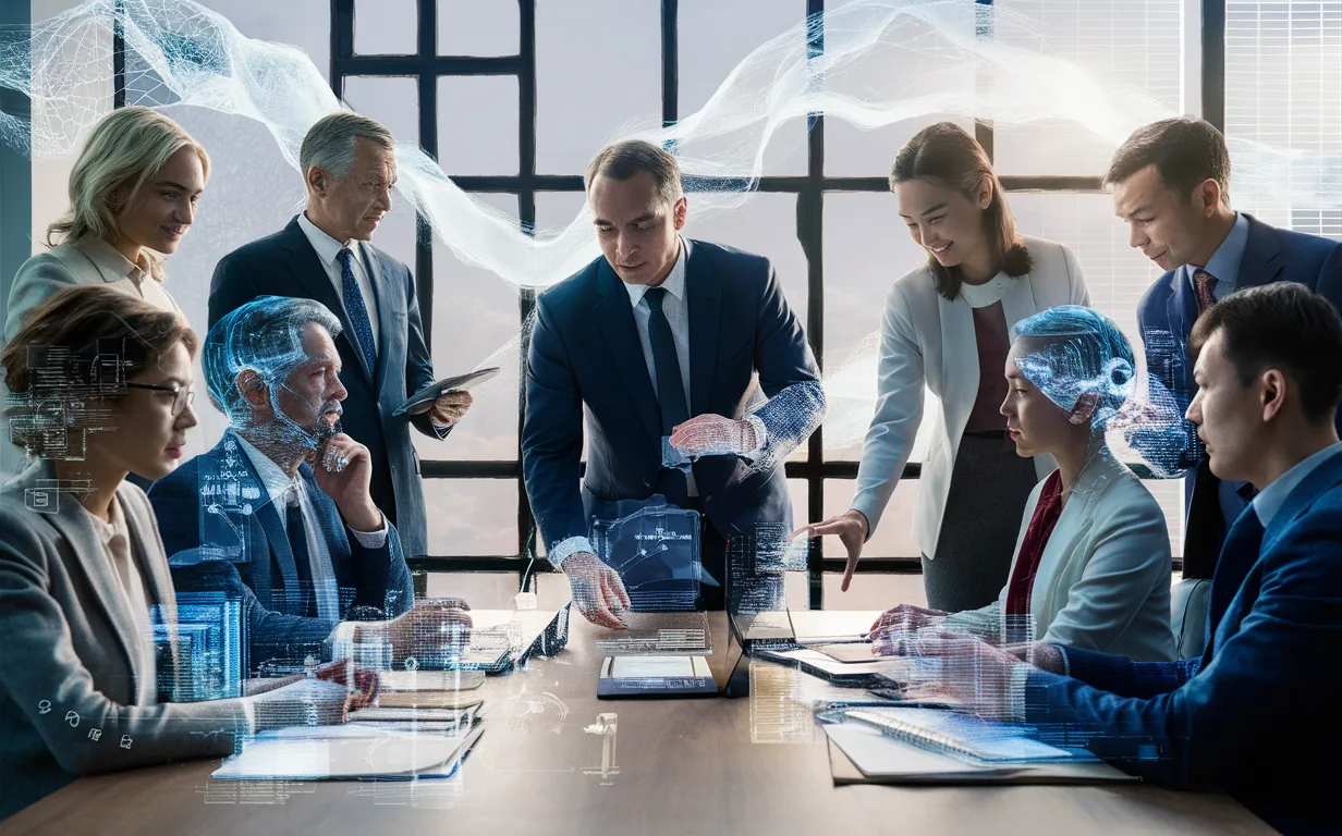 A realistic scene of a modern business meeting with AI technology transcribing and summarizing notes in real-time, highlighting productivity and efficiency.
