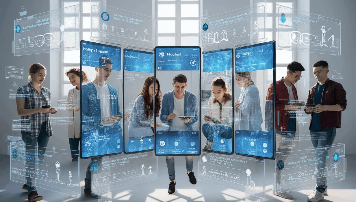Futuristic digital social network interface with diverse young adults engaging in a personalized, independent online community, emphasizing privacy and innovation in a well-lit tech environment.