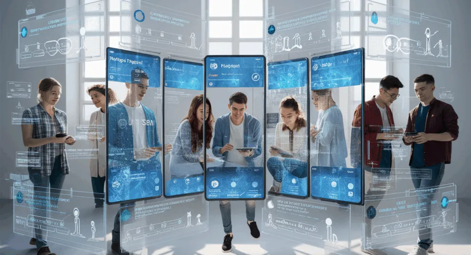 Futuristic digital social network interface with diverse young adults engaging in a personalized, independent online community, emphasizing privacy and innovation in a well-lit tech environment.
