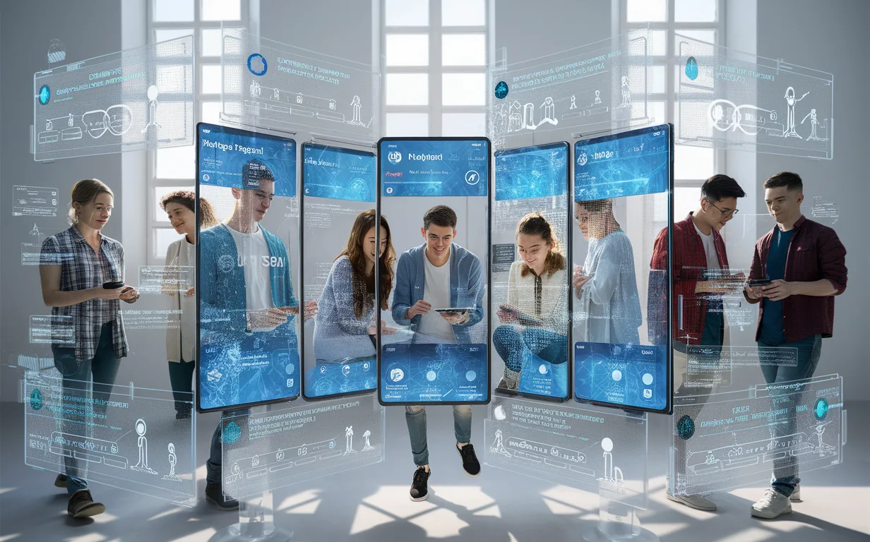 Futuristic digital social network interface with diverse young adults engaging in a personalized, independent online community, emphasizing privacy and innovation in a well-lit tech environment.