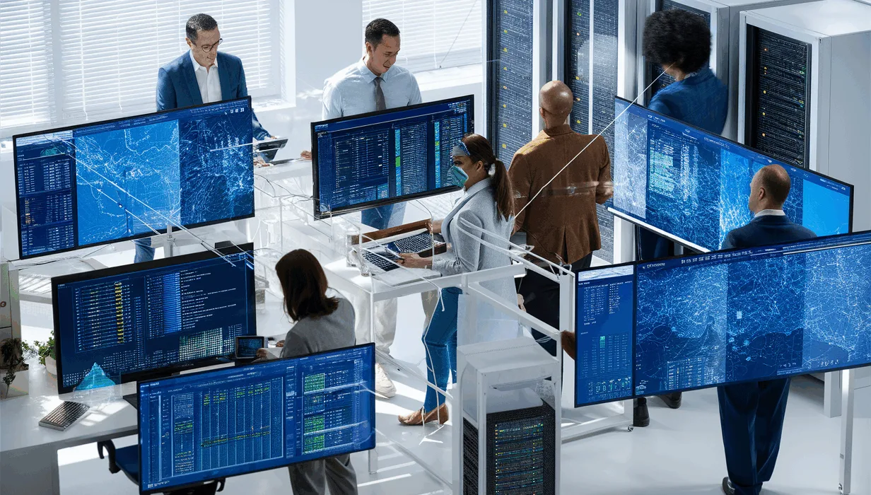 Realistic office scene with professionals using an intuitive IT infrastructure monitoring system displayed on multiple screens, emphasizing efficient system management.