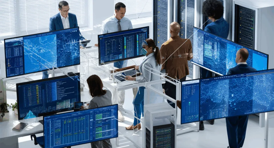 Realistic office scene with professionals using an intuitive IT infrastructure monitoring system displayed on multiple screens, emphasizing efficient system management.