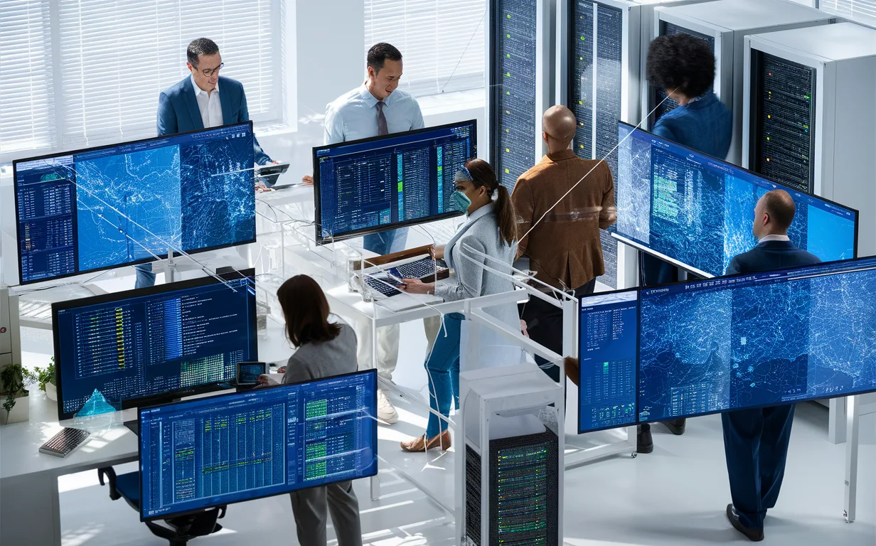 Realistic office scene with professionals using an intuitive IT infrastructure monitoring system displayed on multiple screens, emphasizing efficient system management.