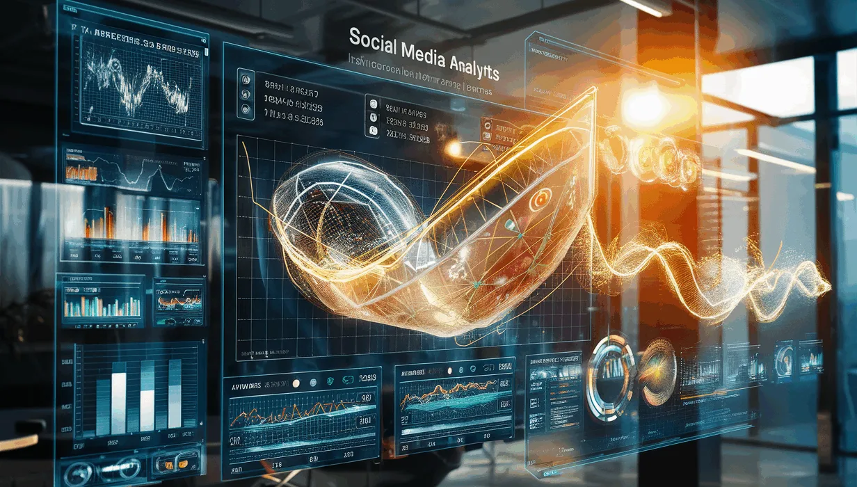 Realistic 4K image of a futuristic social media analytics dashboard displaying dynamic data visualizations and performance metrics for influencers and brands in a modern office setting.