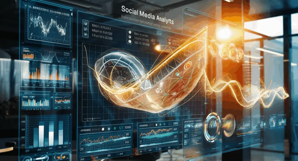 Realistic 4K image of a futuristic social media analytics dashboard displaying dynamic data visualizations and performance metrics for influencers and brands in a modern office setting.