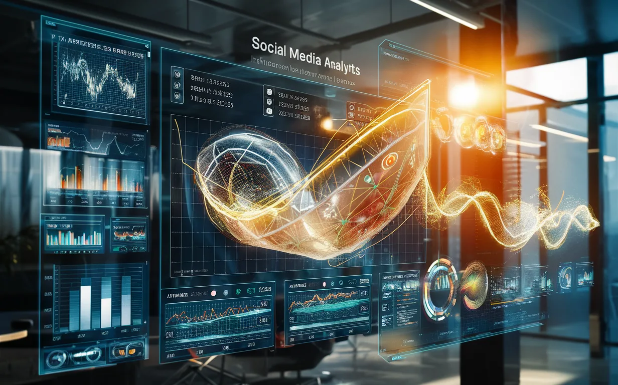 Realistic 4K image of a futuristic social media analytics dashboard displaying dynamic data visualizations and performance metrics for influencers and brands in a modern office setting.