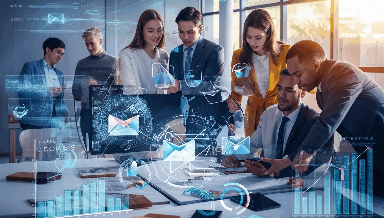 Realistic office scene showing young professionals collaborating with digital email network and data analytics visuals symbolizing efficient B2B cold email marketing automation