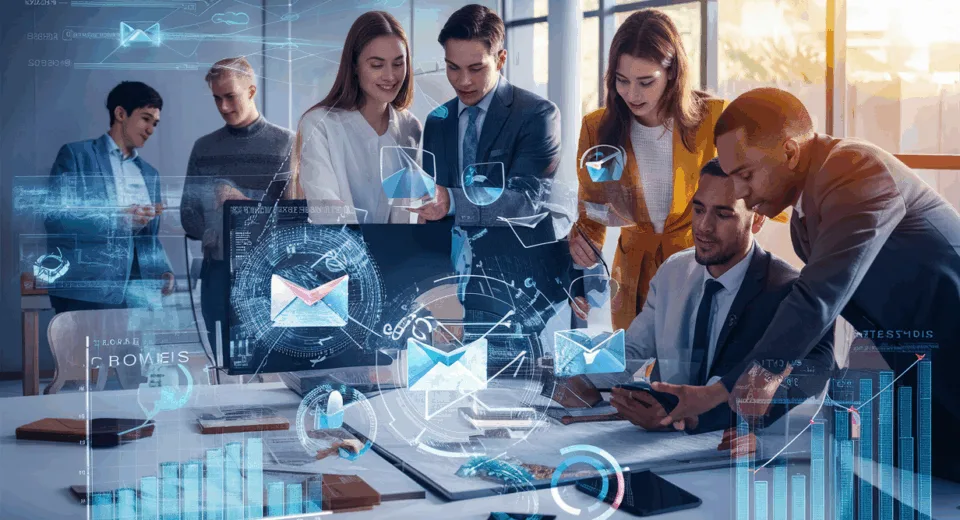 Realistic office scene showing young professionals collaborating with digital email network and data analytics visuals symbolizing efficient B2B cold email marketing automation