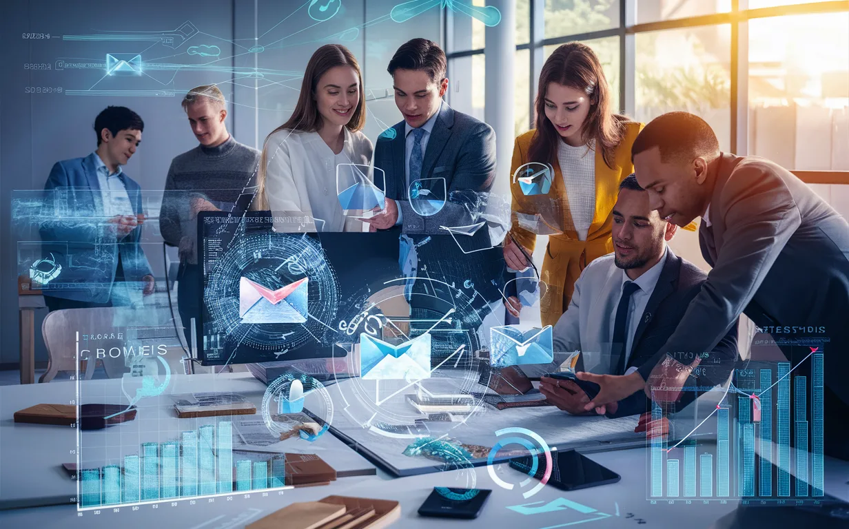 Realistic office scene showing young professionals collaborating with digital email network and data analytics visuals symbolizing efficient B2B cold email marketing automation