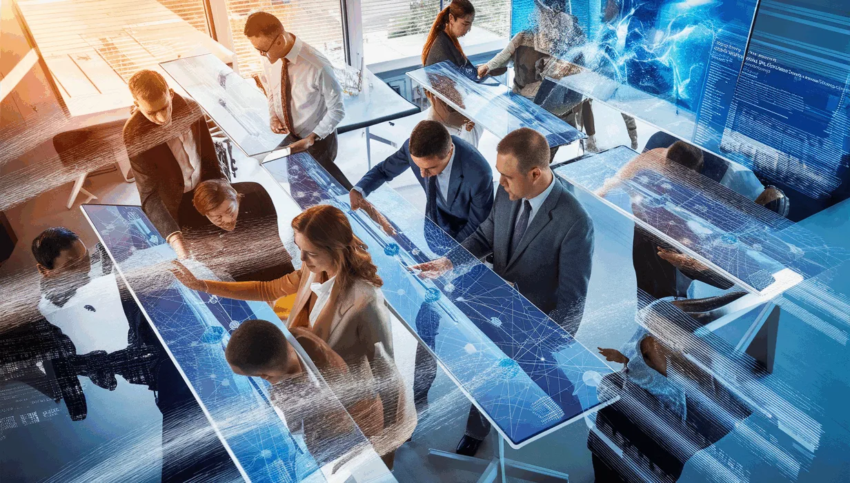 Realistic depiction of professionals collaborating with digital knowledge management technology in a modern office environment.