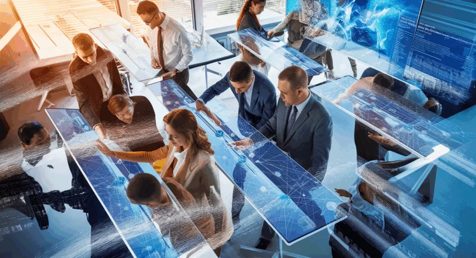 Realistic depiction of professionals collaborating with digital knowledge management technology in a modern office environment.