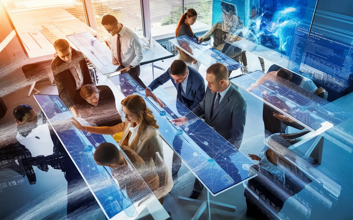 Realistic depiction of professionals collaborating with digital knowledge management technology in a modern office environment.
