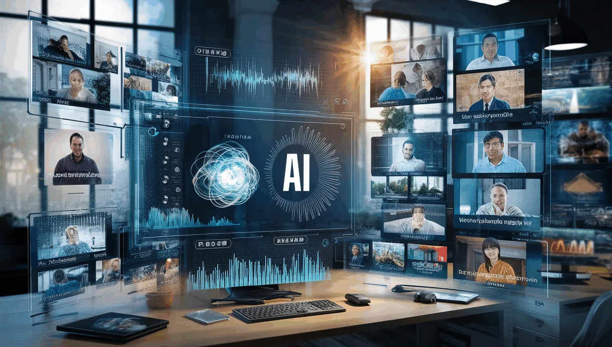 High-detail 4K realistic image of an advanced AI platform analyzing consumer video feedback in a modern office environment.