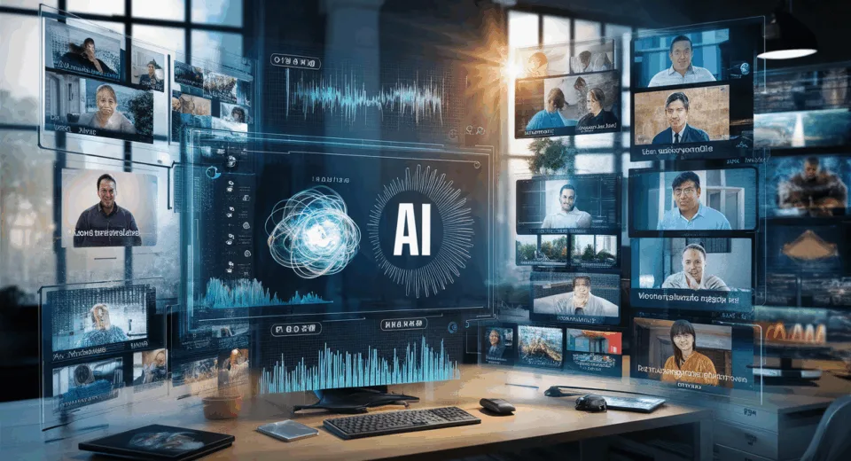 High-detail 4K realistic image of an advanced AI platform analyzing consumer video feedback in a modern office environment.