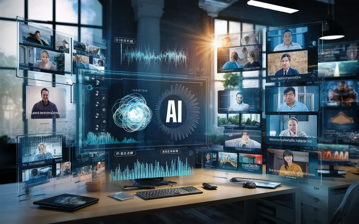 High-detail 4K realistic image of an advanced AI platform analyzing consumer video feedback in a modern office environment.
