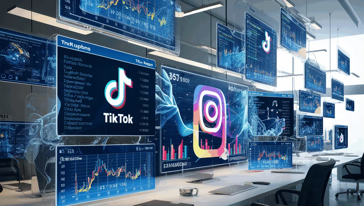 Realistic workspace with transparent screens displaying social media influencer analytics and data visualizations for TikTok and Instagram in a bright, modern IT environment.