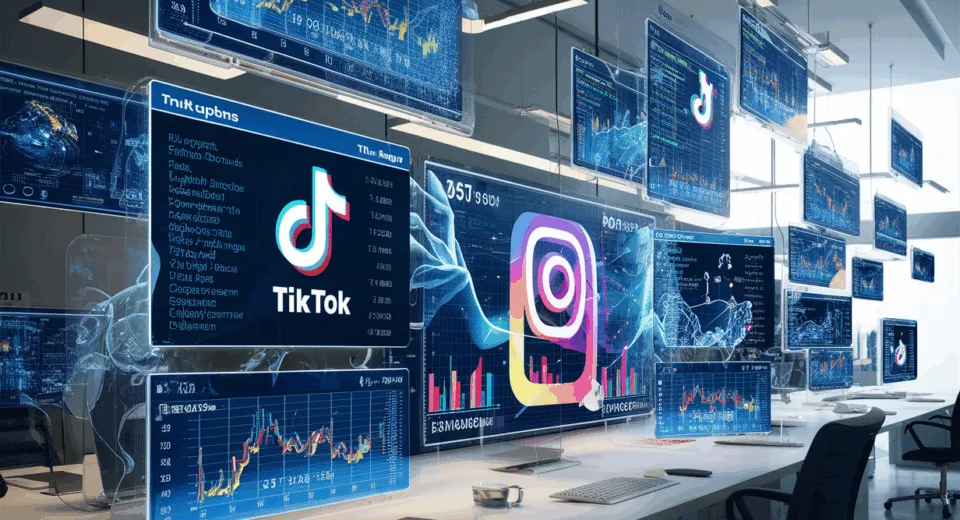 Realistic workspace with transparent screens displaying social media influencer analytics and data visualizations for TikTok and Instagram in a bright, modern IT environment.