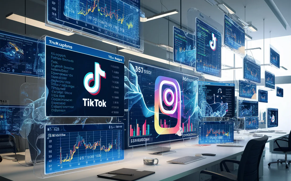 Realistic workspace with transparent screens displaying social media influencer analytics and data visualizations for TikTok and Instagram in a bright, modern IT environment.