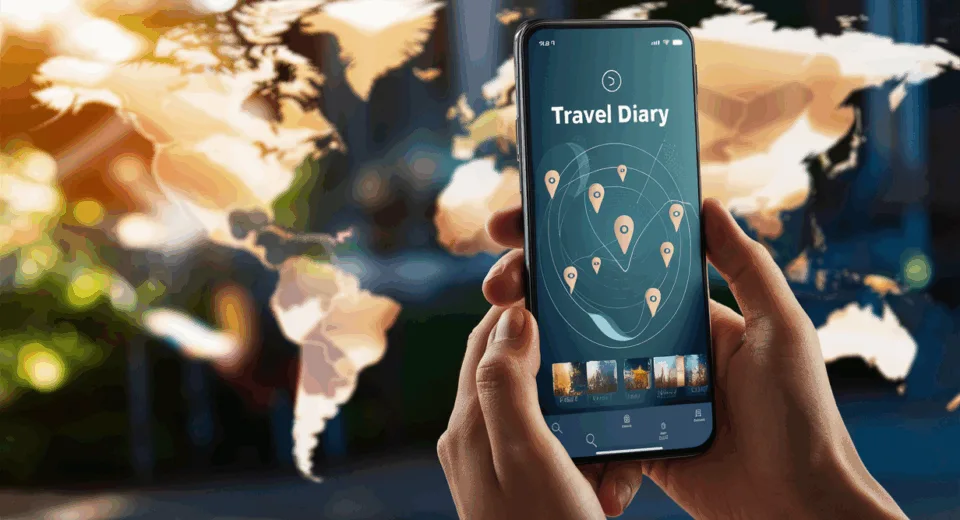 Realistic image of a young adult holding a smartphone displaying a travel diary app interface with location markers against a softly lit world map background symbolizing global travel memories.