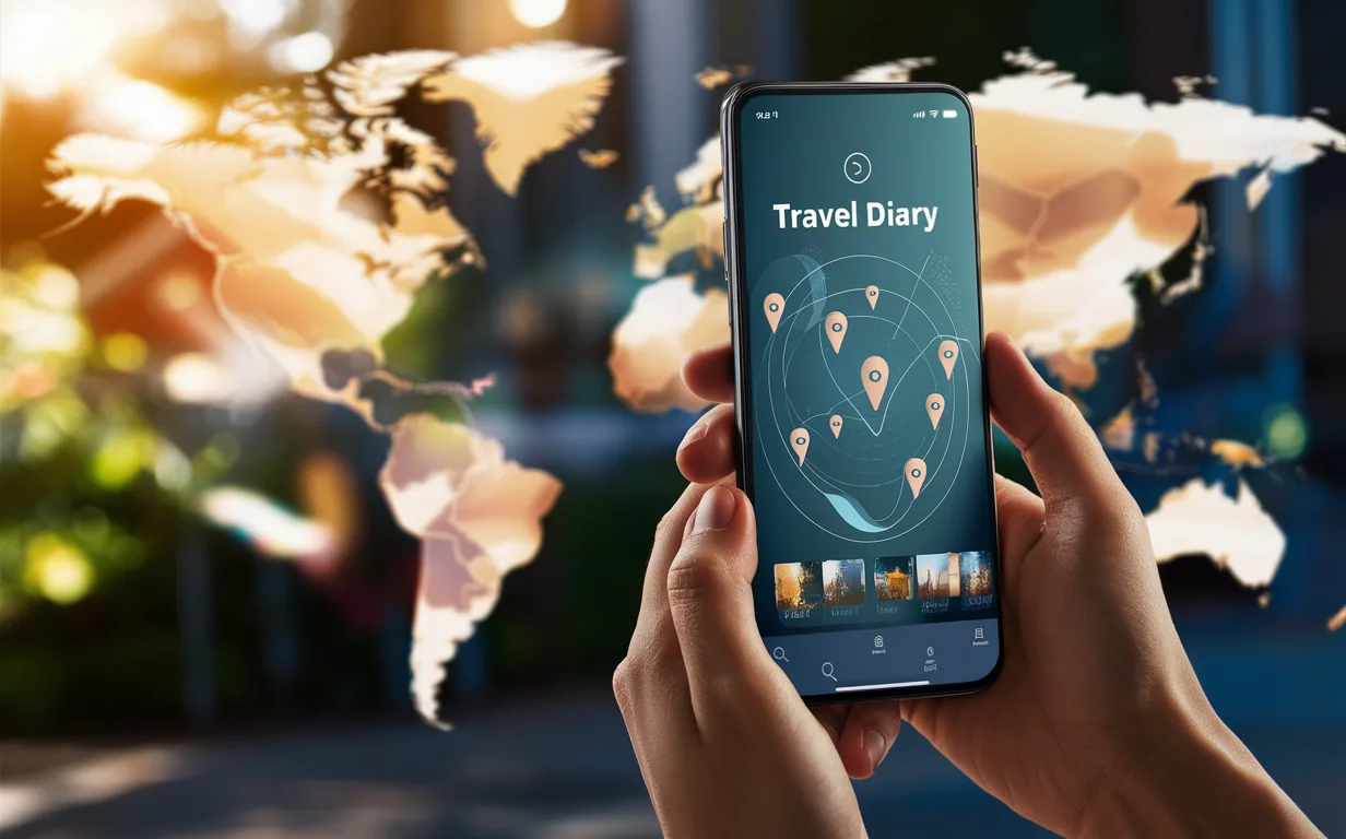 Realistic image of a young adult holding a smartphone displaying a travel diary app interface with location markers against a softly lit world map background symbolizing global travel memories.