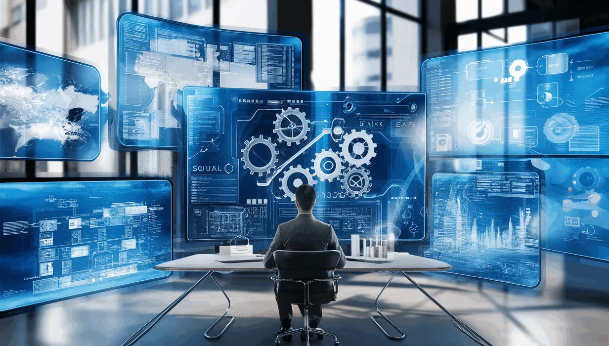 Modern digital workspace with floating holographic screens symbolizing workflow automation and productivity enhancement