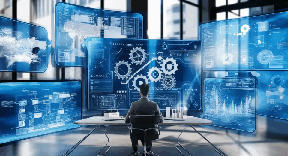 Modern digital workspace with floating holographic screens symbolizing workflow automation and productivity enhancement