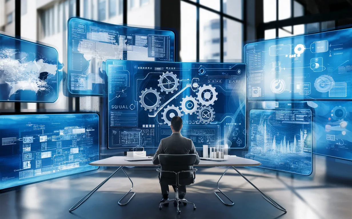 Modern digital workspace with floating holographic screens symbolizing workflow automation and productivity enhancement