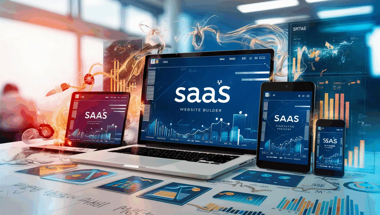 A realistic illustration of multiple devices displaying a modern SaaS website builder interface with dynamic data streams and charts symbolizing high performance and rapid business growth