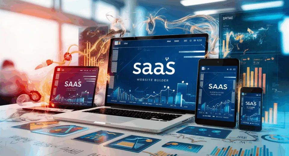 A realistic illustration of multiple devices displaying a modern SaaS website builder interface with dynamic data streams and charts symbolizing high performance and rapid business growth
