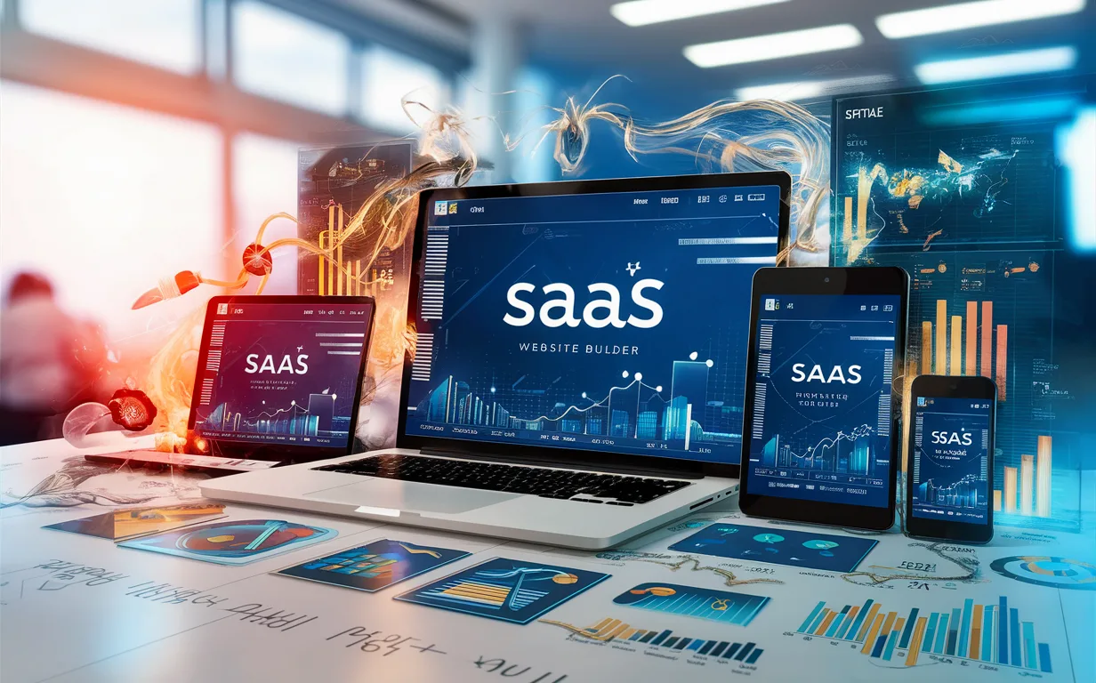 A realistic illustration of multiple devices displaying a modern SaaS website builder interface with dynamic data streams and charts symbolizing high performance and rapid business growth