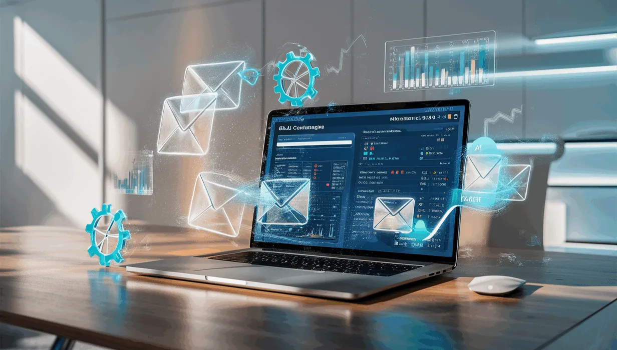 A modern tech workspace with a laptop displaying email outreach automation dashboards and digital icons representing sales productivity and email marketing automation.