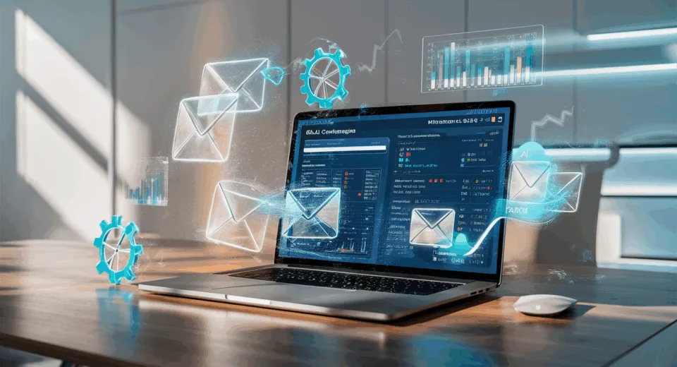 A modern tech workspace with a laptop displaying email outreach automation dashboards and digital icons representing sales productivity and email marketing automation.