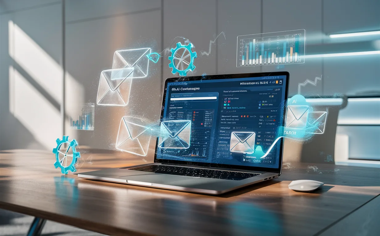 A modern tech workspace with a laptop displaying email outreach automation dashboards and digital icons representing sales productivity and email marketing automation.