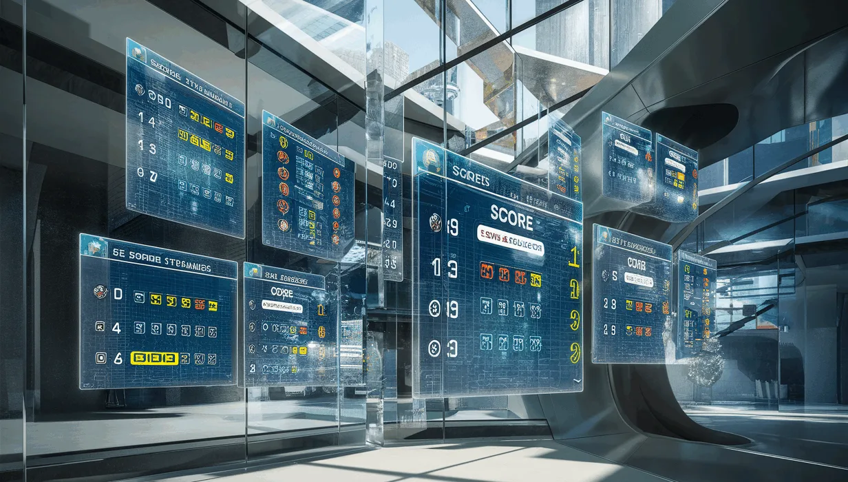 Realistic digital scoreboard holograms displaying live sports and game scores in a high-tech virtual environment, symbolizing an online real-time score management platform.