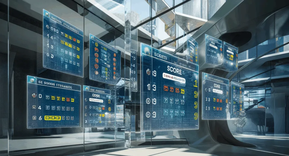 Realistic digital scoreboard holograms displaying live sports and game scores in a high-tech virtual environment, symbolizing an online real-time score management platform.