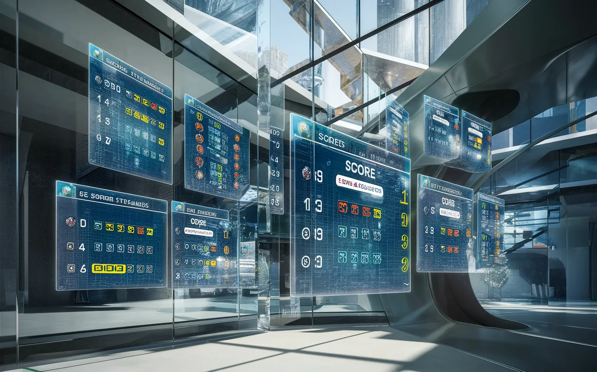 Realistic digital scoreboard holograms displaying live sports and game scores in a high-tech virtual environment, symbolizing an online real-time score management platform.