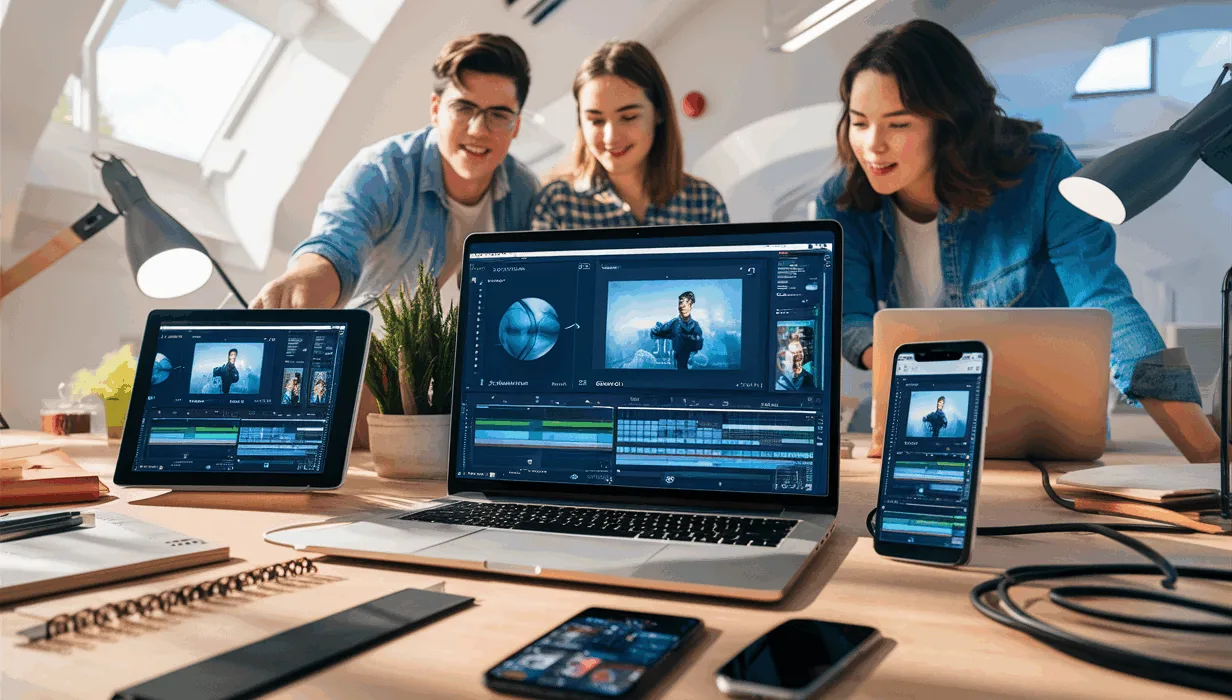 Realistic workspace scene showing a modern online video editing platform interface on various devices, highlighting ease of use and creativity in a bright, tech-savvy environment.