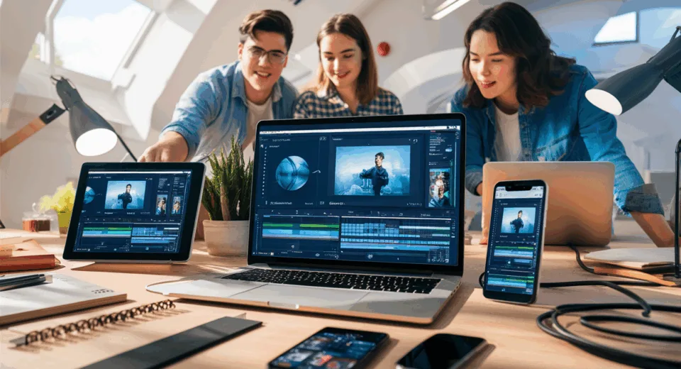 Realistic workspace scene showing a modern online video editing platform interface on various devices, highlighting ease of use and creativity in a bright, tech-savvy environment.