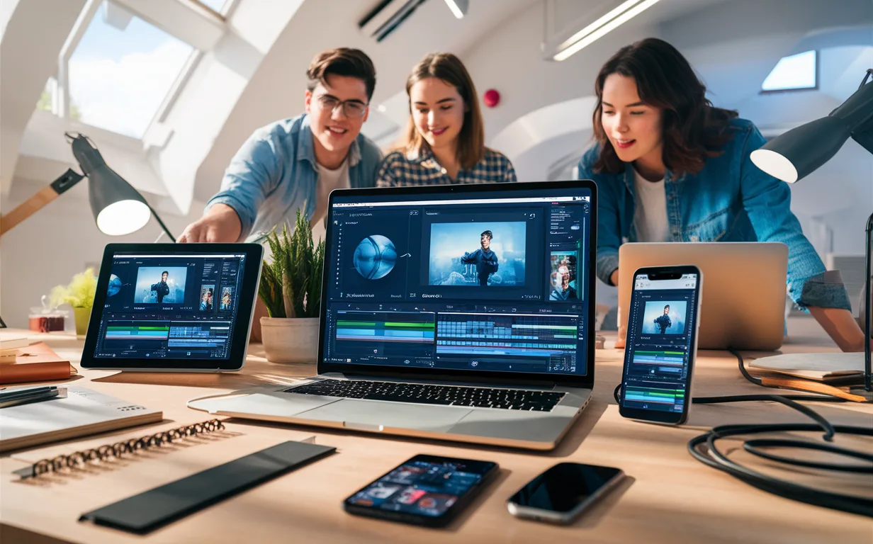 Realistic workspace scene showing a modern online video editing platform interface on various devices, highlighting ease of use and creativity in a bright, tech-savvy environment.