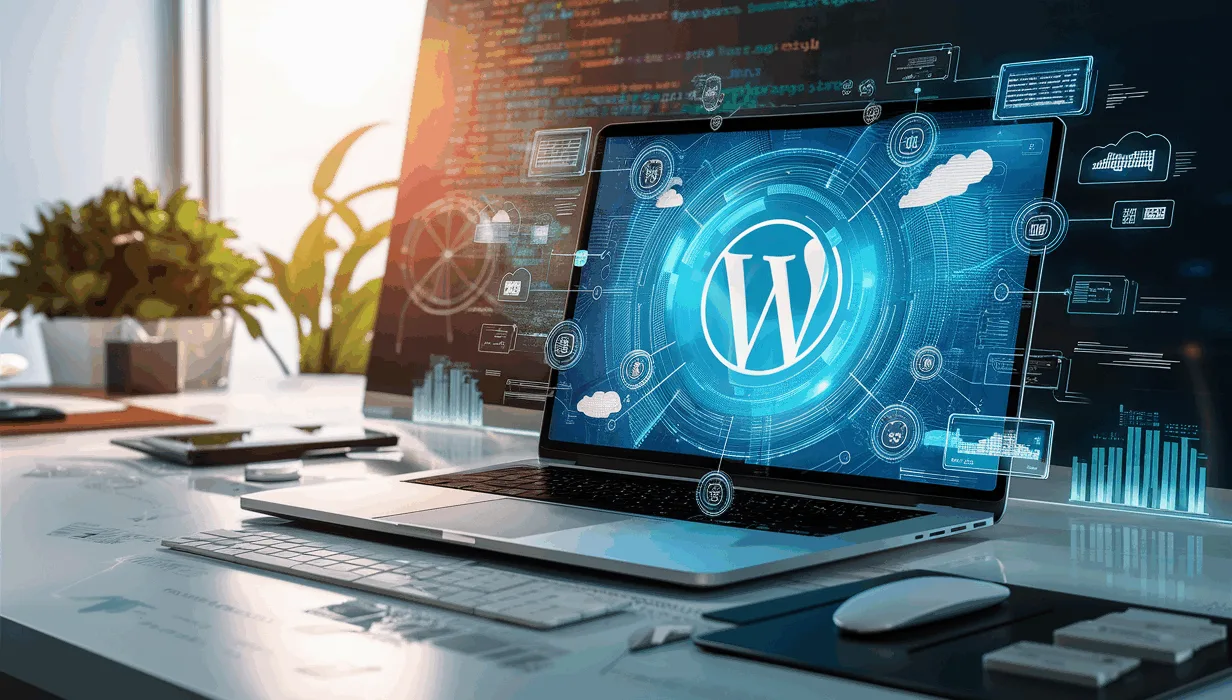Realistic workspace with laptop showing digital interface symbolizing WordPress LMS course creation using LearnDash, emphasizing online education setup in a tech environment.