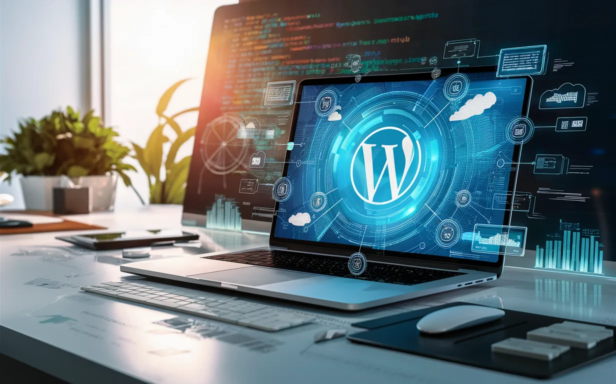 Realistic workspace with laptop showing digital interface symbolizing WordPress LMS course creation using LearnDash, emphasizing online education setup in a tech environment.